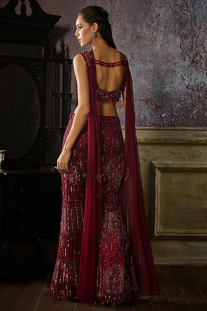 Maroon Tulle Embroidered Pant Set by DiyaRajvvir at Pernia's Pop Up Shop