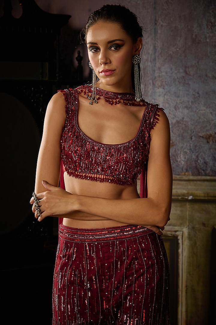 Maroon Tulle Embroidered Pant Set by DiyaRajvvir at Pernia's Pop Up Shop