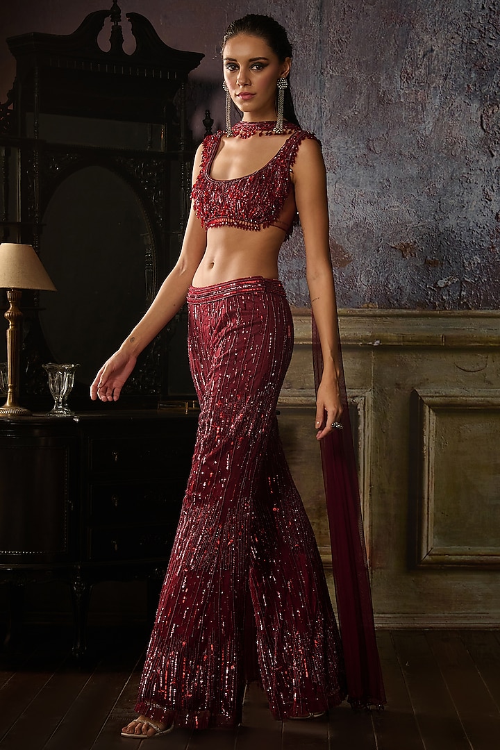 Maroon Tulle Embroidered Pant Set by DiyaRajvvir at Pernia's Pop Up Shop