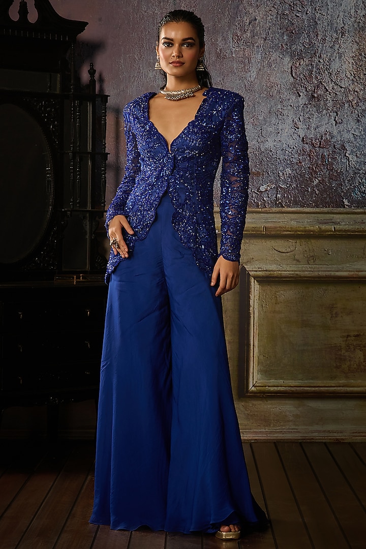 Cobalt Blue Tulle & Georgette Floral Embroidered Jacket Set by DiyaRajvvir at Pernia's Pop Up Shop
