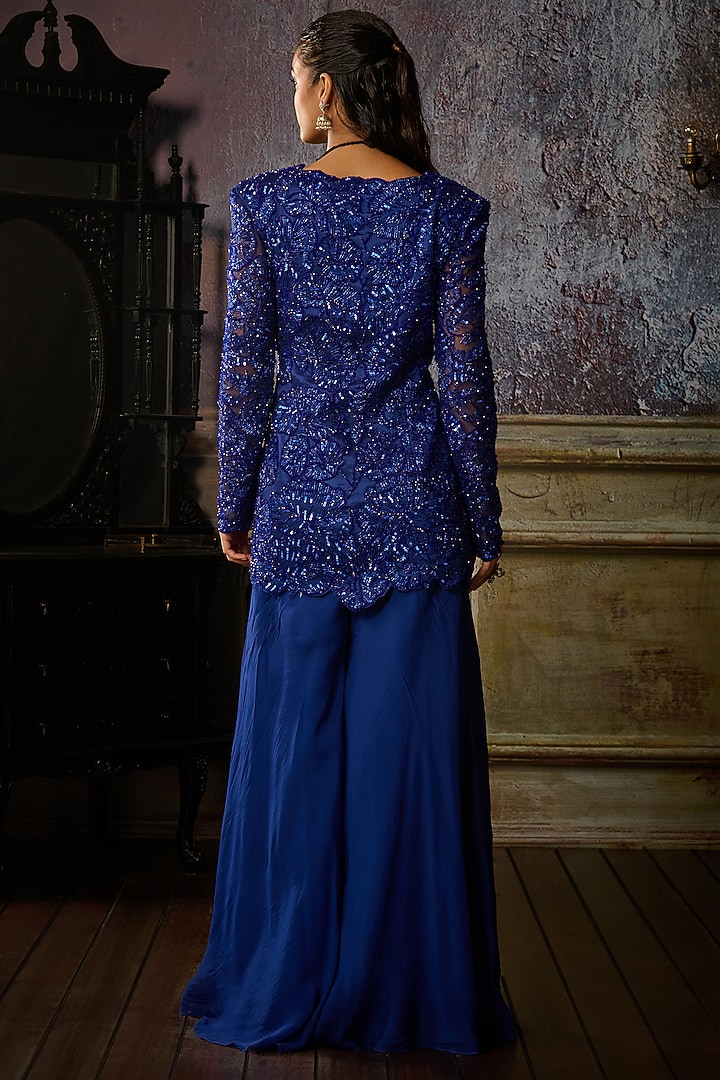 Cobalt Blue Tulle & Georgette Floral Embroidered Jacket Set by DiyaRajvvir at Pernia's Pop Up Shop