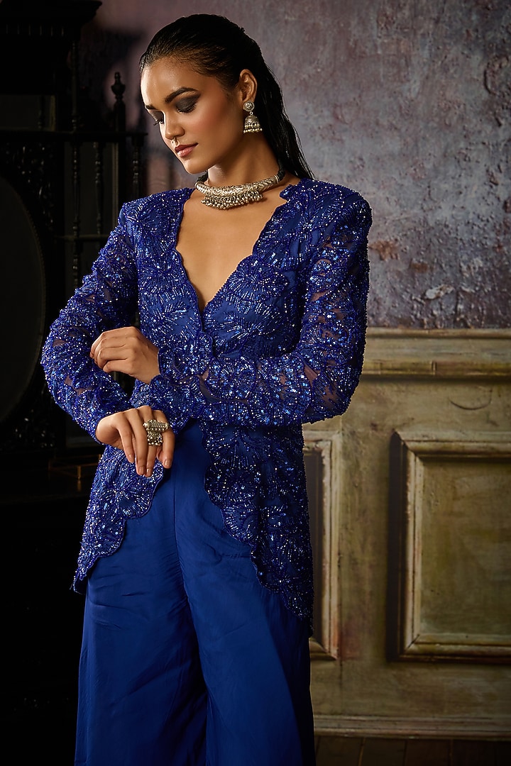Cobalt Blue Tulle & Georgette Floral Embroidered Jacket Set by DiyaRajvvir at Pernia's Pop Up Shop