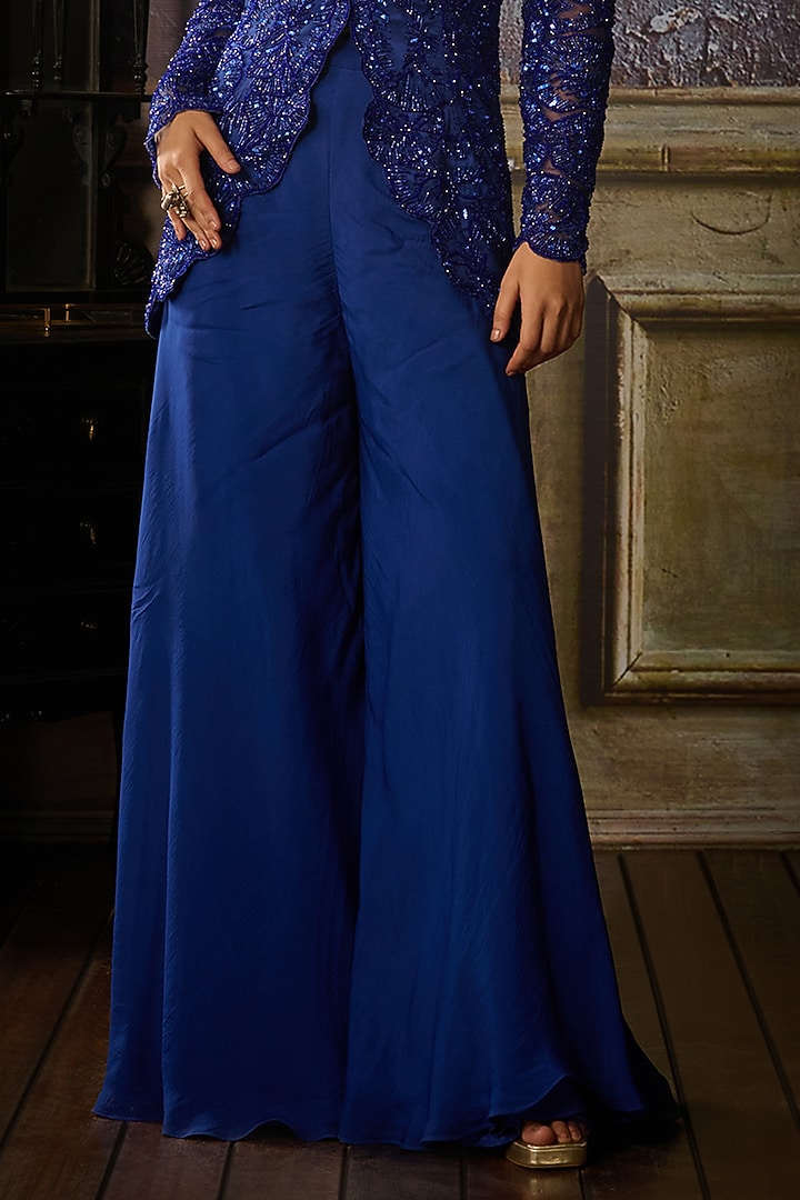 Cobalt Blue Tulle & Georgette Floral Embroidered Jacket Set by DiyaRajvvir at Pernia's Pop Up Shop