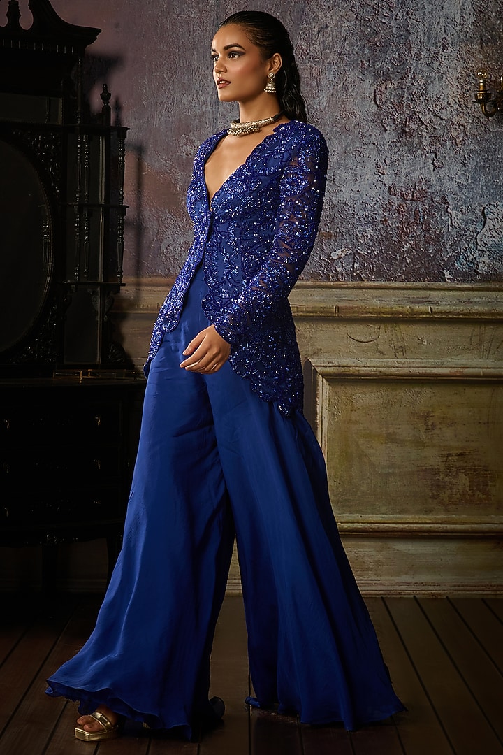 Cobalt Blue Tulle & Georgette Floral Embroidered Jacket Set by DiyaRajvvir at Pernia's Pop Up Shop
