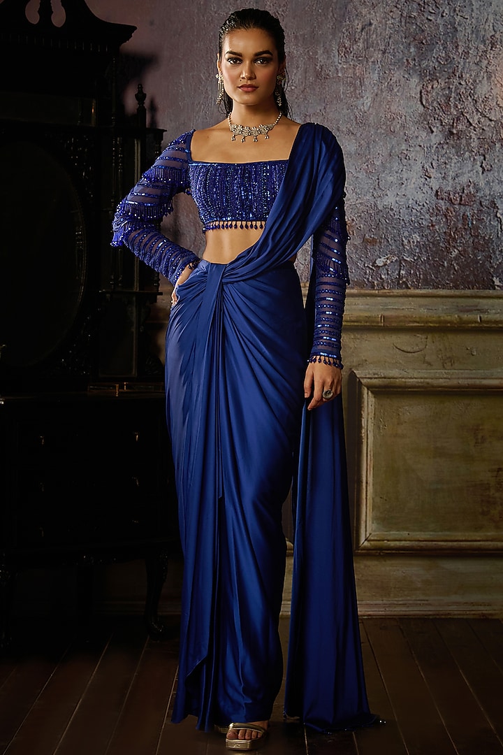 Cobalt Blue ulle & Armani Satin Pre-Draped Skirt Saree Set by DiyaRajvvir