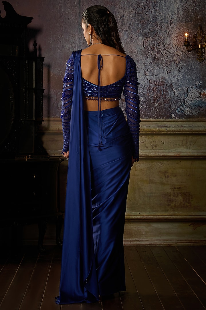 Cobalt Blue ulle & Armani Satin Pre-Draped Skirt Wedding Saree Set by DiyaRajvvir at Pernia's Pop Up Shop