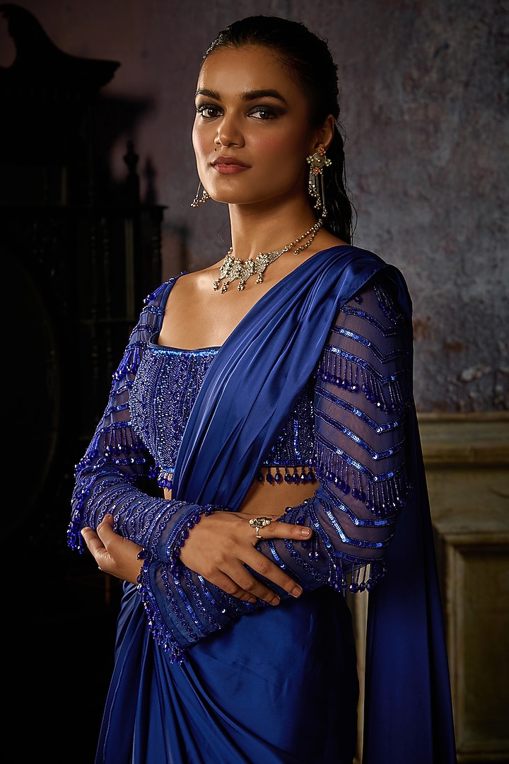 Cobalt Blue ulle & Armani Satin Pre-Draped Skirt Wedding Saree Set by DiyaRajvvir at Pernia's Pop Up Shop