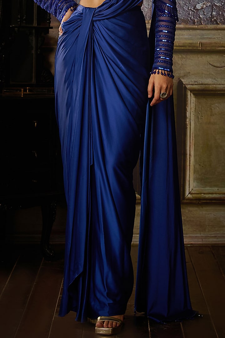 Cobalt Blue ulle & Armani Satin Pre-Draped Skirt Wedding Saree Set by DiyaRajvvir at Pernia's Pop Up Shop