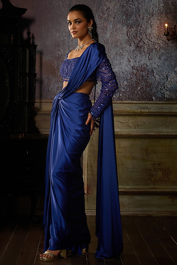 Cobalt Blue ulle & Armani Satin Pre-Draped Skirt Wedding Saree Set by DiyaRajvvir at Pernia's Pop Up Shop