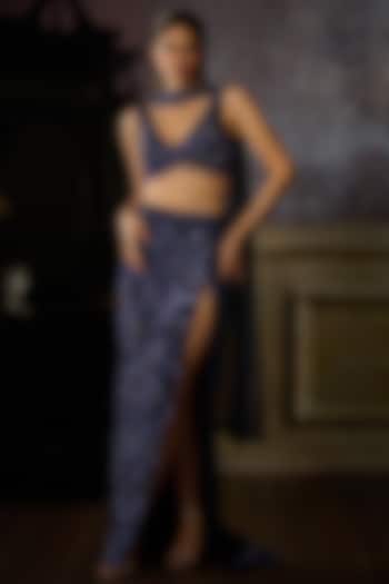 Midnight Blue Tulle Embellished Slit Trail Skirt Set by DiyaRajvvir at Pernia's Pop Up Shop