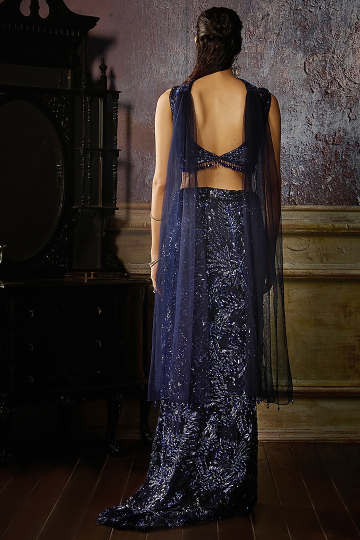 Midnight Blue Tulle Embellished Slit Trail Skirt Set by DiyaRajvvir at Pernia's Pop Up Shop
