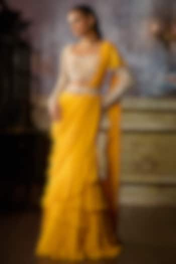 Yellow Tulle & Georgette Pre-Draped Ruffle Skirt Saree Set by DiyaRajvvir