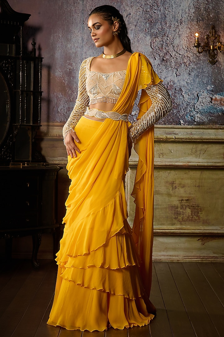 Yellow Tulle & Georgette Pre-Draped Ruffle Skirt Saree Set by DiyaRajvvir