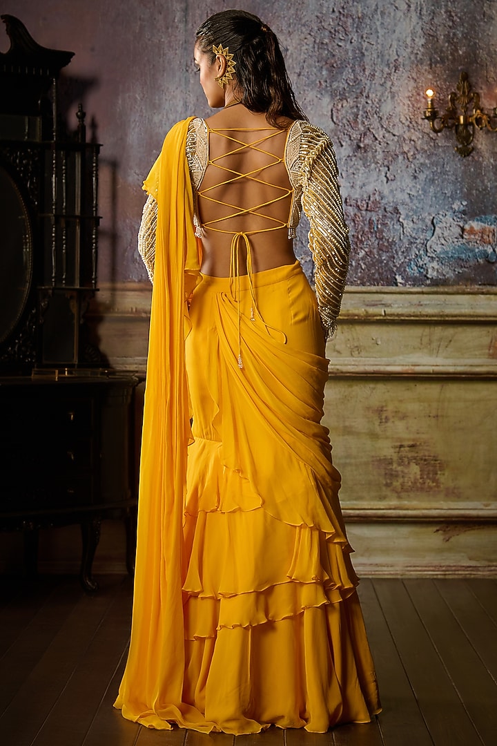 Yellow Tulle & Georgette Pre-Draped Ruffle Skirt Wedding Saree Set by DiyaRajvvir at Pernia's Pop Up Shop