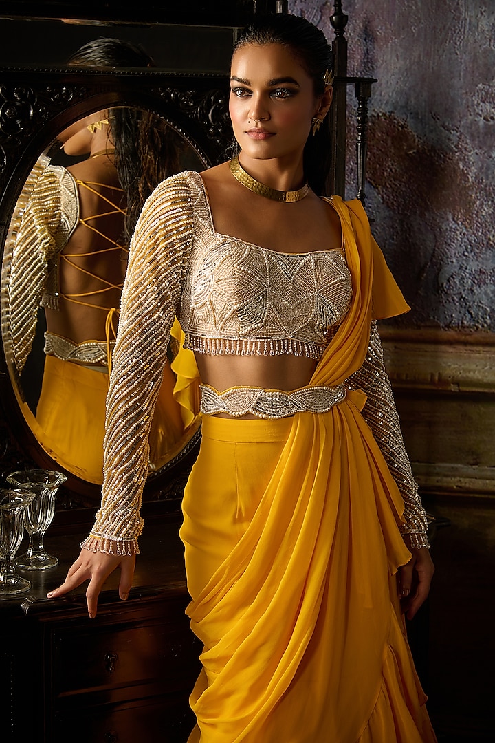 Yellow Tulle & Georgette Pre-Draped Ruffle Skirt Wedding Saree Set by DiyaRajvvir at Pernia's Pop Up Shop
