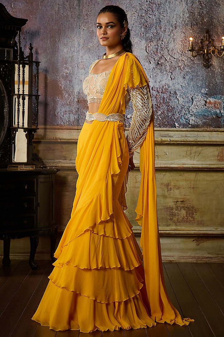 Yellow Tulle & Georgette Pre-Draped Ruffle Skirt Wedding Saree Set by DiyaRajvvir at Pernia's Pop Up Shop