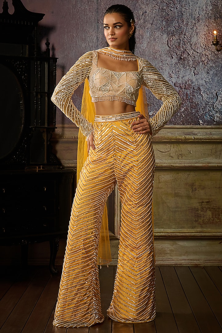 Yellow Tulle Embellished Pant Set by DiyaRajvvir at Pernia's Pop Up Shop