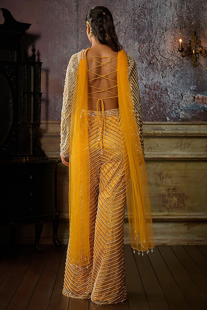 Yellow Tulle Embellished Pant Set by DiyaRajvvir at Pernia's Pop Up Shop