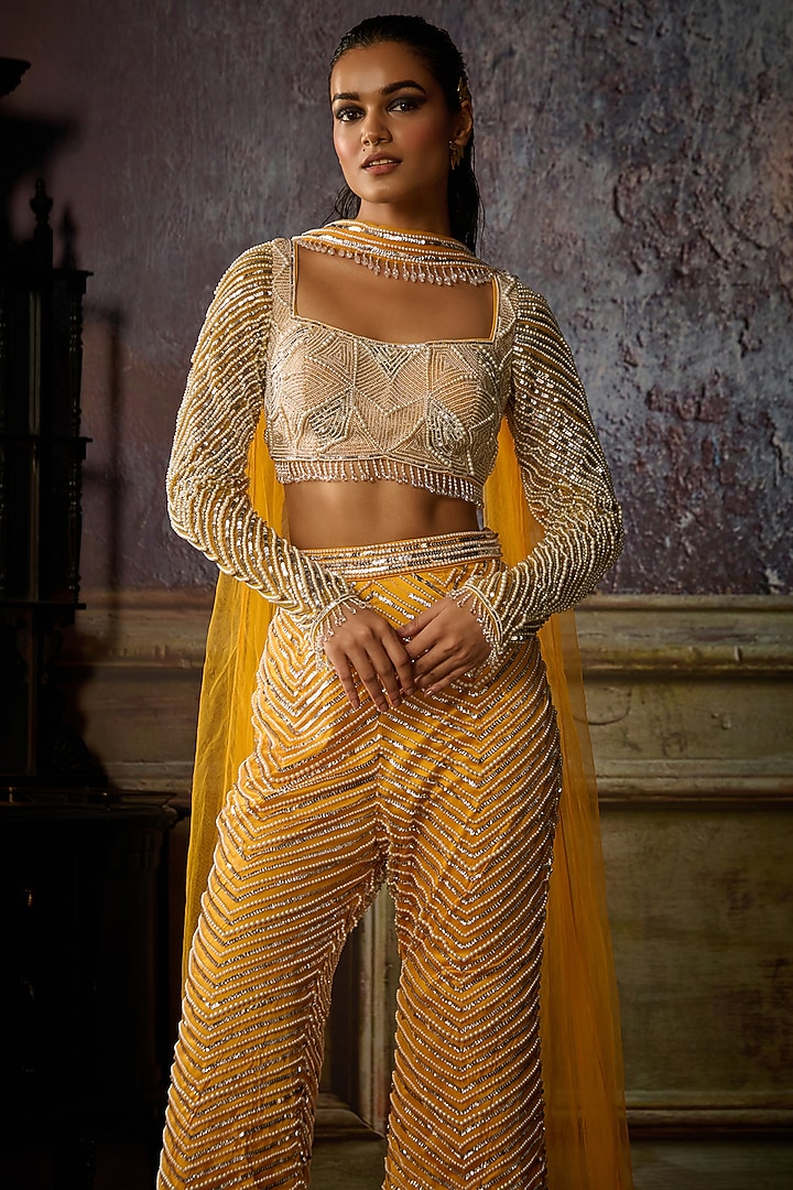 Yellow Tulle Embellished Pant Set by DiyaRajvvir at Pernia's Pop Up Shop