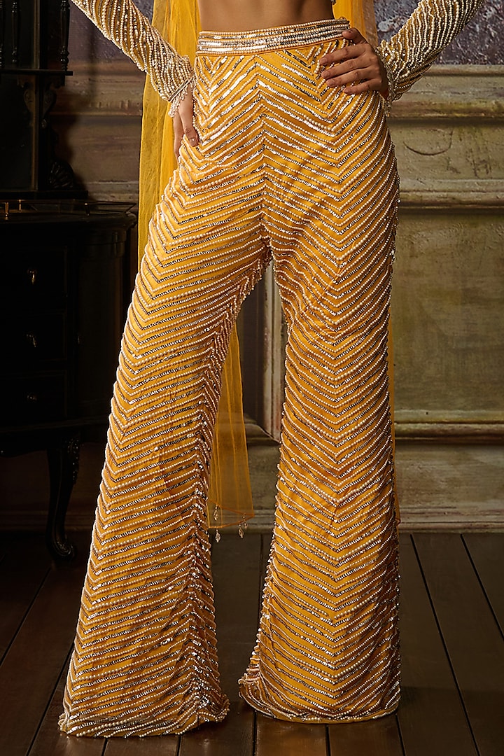 Yellow Tulle Embellished Pant Set by DiyaRajvvir at Pernia's Pop Up Shop