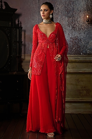 Red Organza Sharara Set by DiyaRajvvir