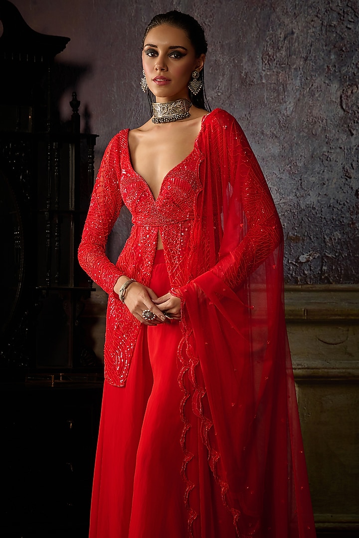 Red Organza Bridal Sharara Set by DiyaRajvvir at Pernia's Pop Up Shop