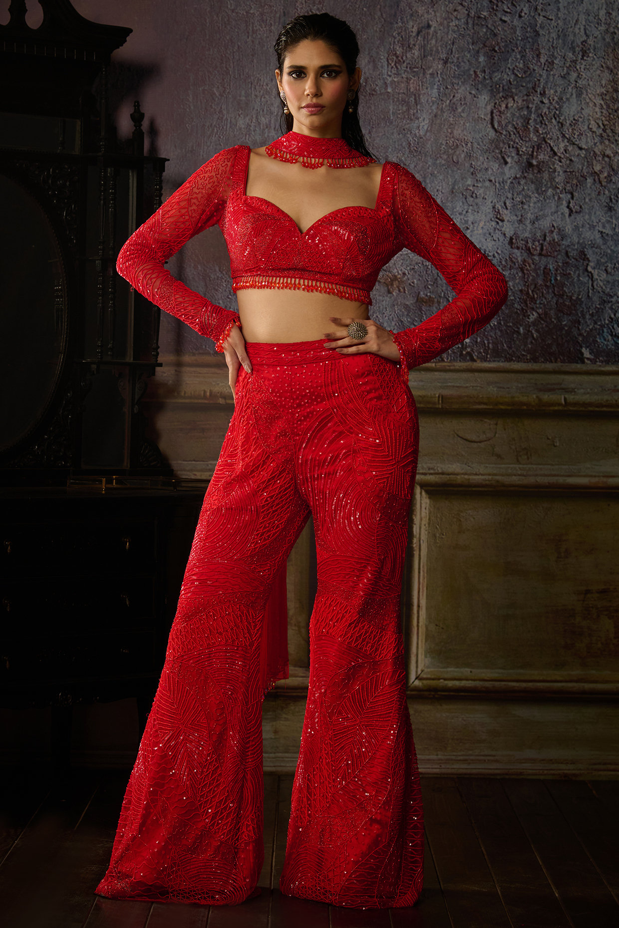 Red Tulle Embroidered Pant Set by DiyaRajvvir at Pernia's Pop Up Shop