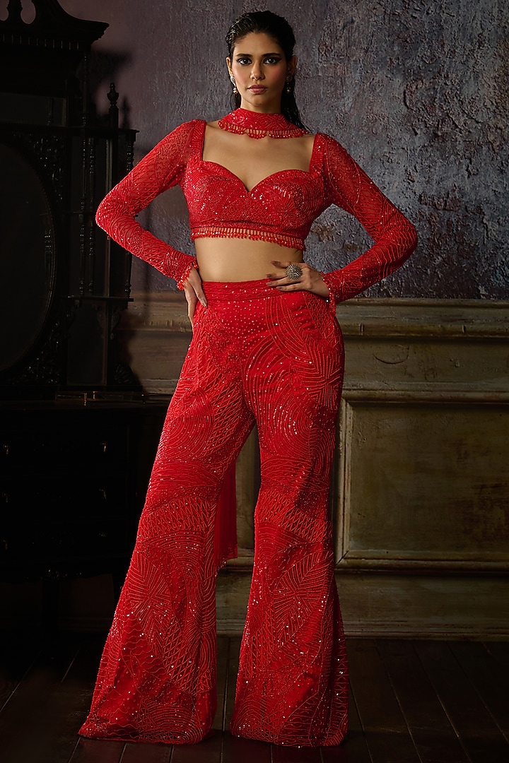 Red Tulle Embroidered Pant Set by DiyaRajvvir at Pernia's Pop Up Shop