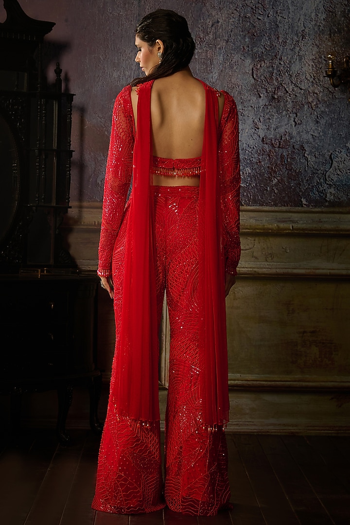 Red Tulle Embroidered Pant Set by DiyaRajvvir at Pernia's Pop Up Shop