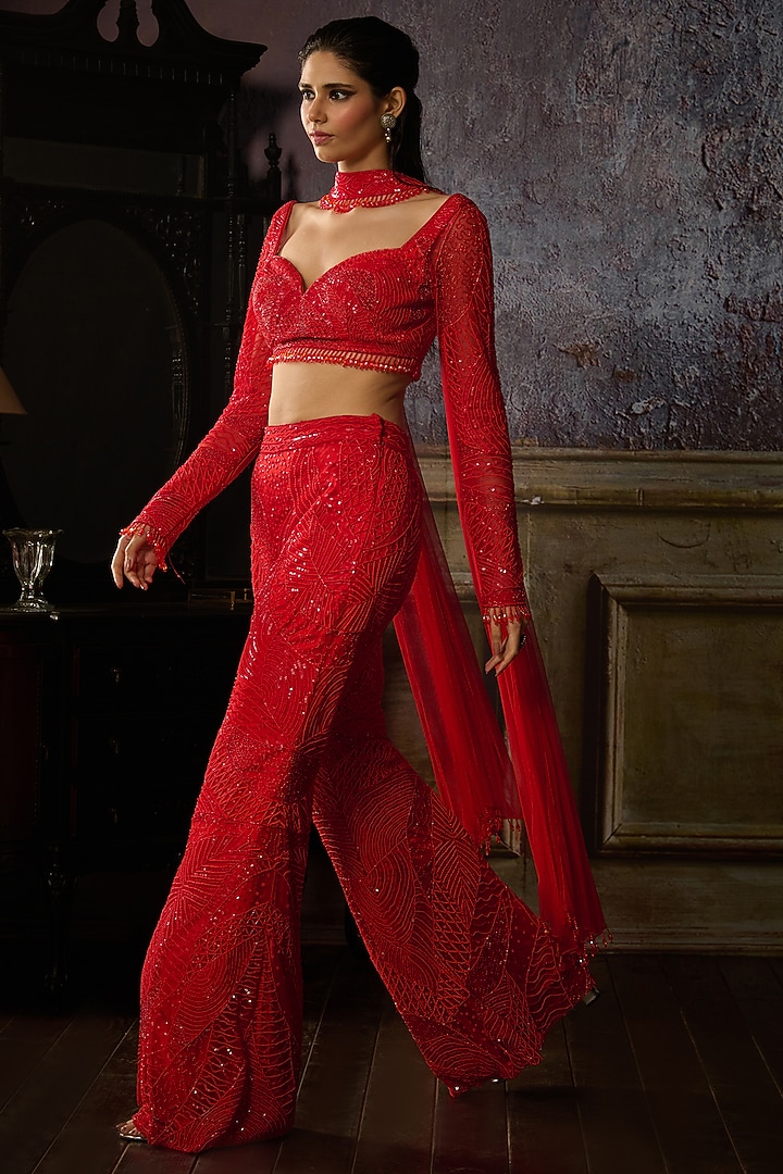 Red Tulle Embroidered Pant Set by DiyaRajvvir at Pernia's Pop Up Shop