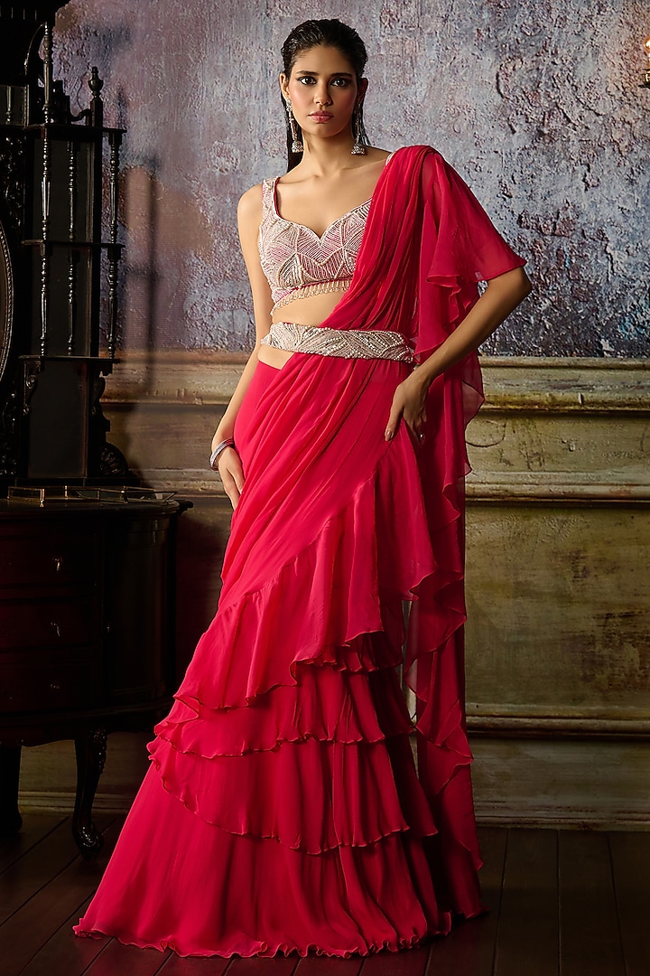 Fuchsia Organza Pre-Draped Ruffled Skirt Saree Set by DiyaRajvvir