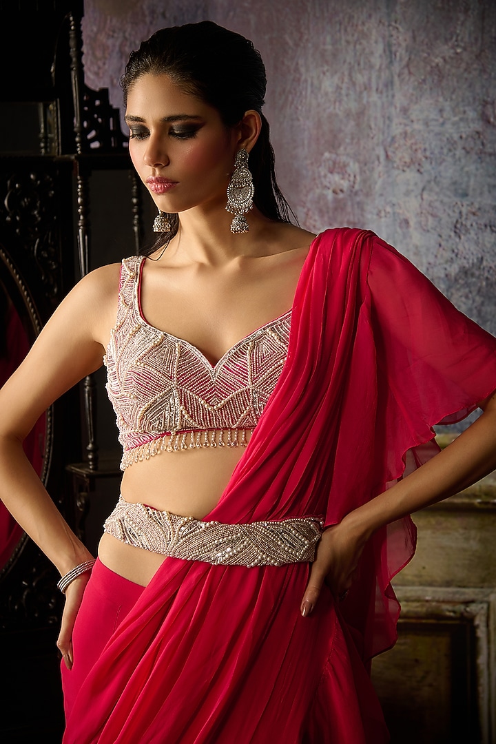 Fuchsia Organza Pre-Draped Ruffled Skirt Wedding Saree Set by DiyaRajvvir at Pernia's Pop Up Shop