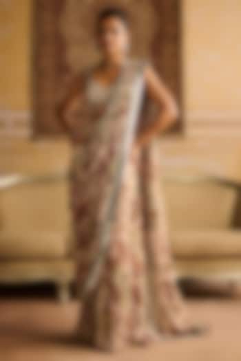 Green Crepe Floral Jaal Printed Tiered Skirt Wedding Saree Set by DiyaRajvvir at Pernia's Pop Up Shop