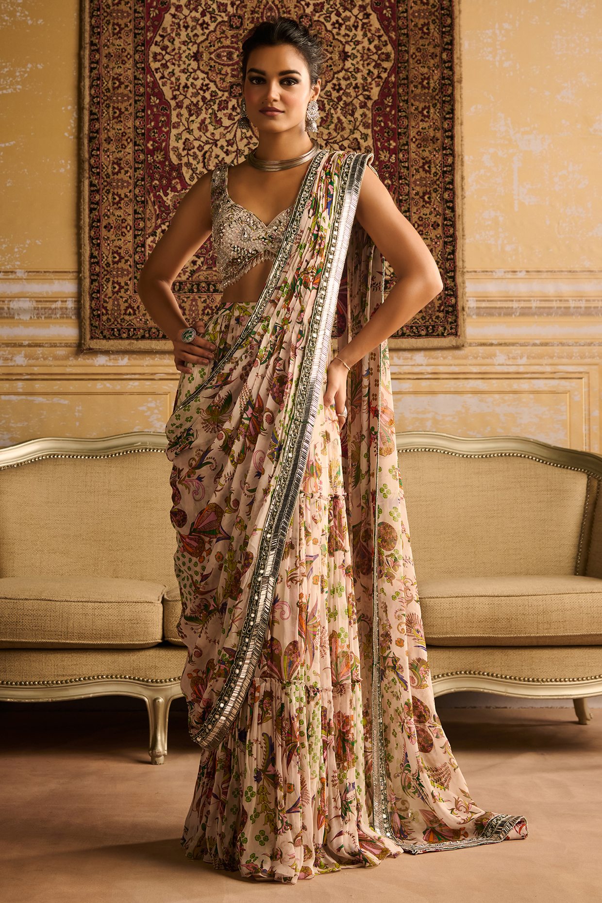 Green Crepe Floral Jaal Printed Tiered Skirt Wedding Saree Set by DiyaRajvvir at Pernia's Pop Up Shop