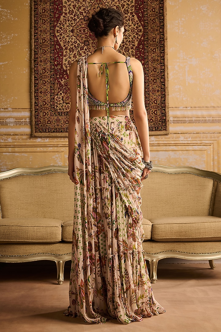 Green Crepe Floral Jaal Printed Tiered Skirt Wedding Saree Set by DiyaRajvvir at Pernia's Pop Up Shop
