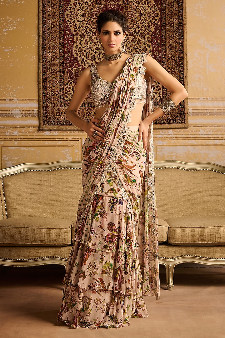 Green Crepe Floral Jaal Printed Draped Skirt Wedding Saree Set by DiyaRajvvir at Pernia's Pop Up Shop