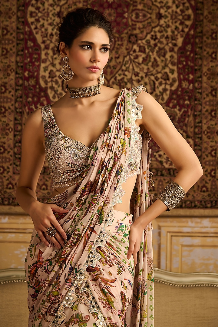 Green Crepe Floral Jaal Printed Draped Skirt Wedding Saree Set by DiyaRajvvir at Pernia's Pop Up Shop