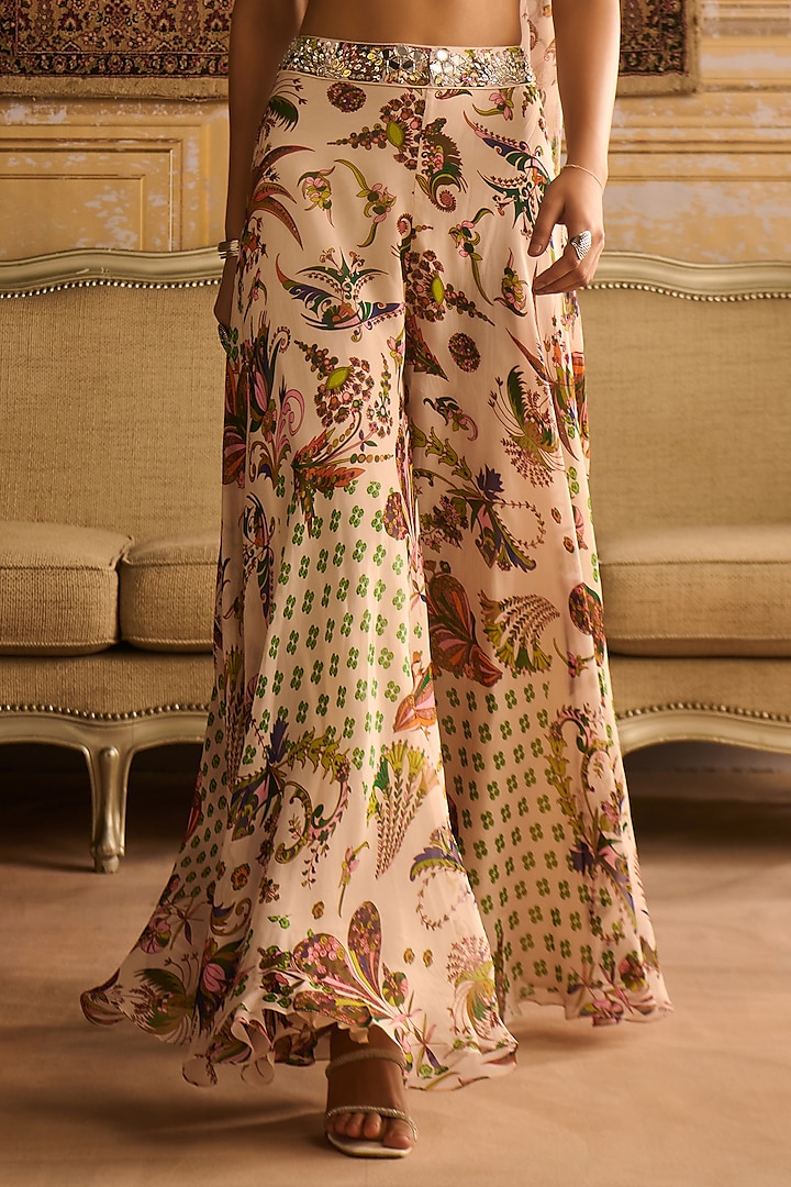 Green Satin Organza Floral Jaal Printed Draped Wedding Sharara Set by DiyaRajvvir at Pernia's Pop Up Shop