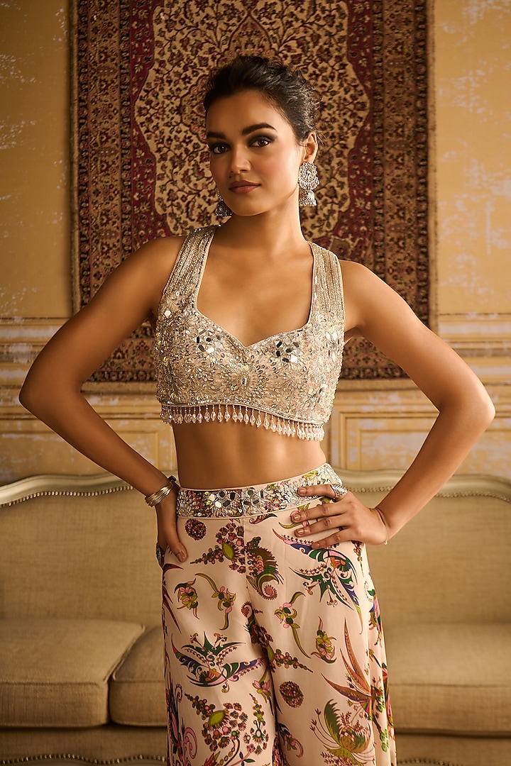 Green Satin Organza Floral Jaal Printed Draped Wedding Sharara Set by DiyaRajvvir at Pernia's Pop Up Shop