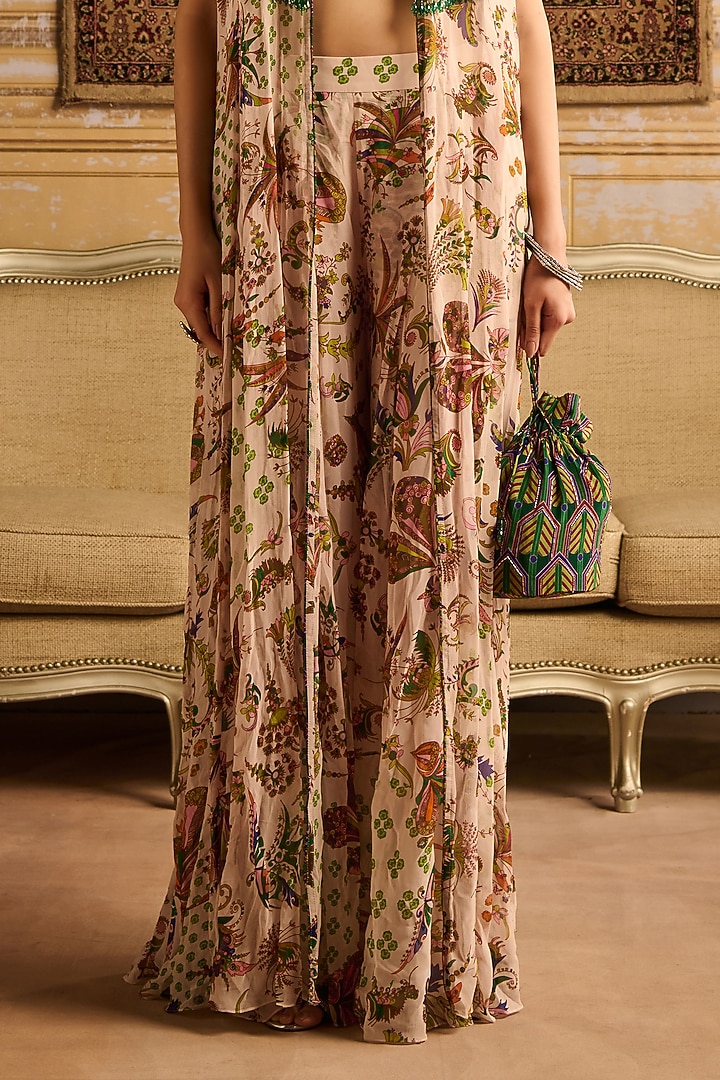 Green Crepe Floral Jaal Printed Draped Skirt Wedding Saree Set by DiyaRajvvir at Pernia's Pop Up Shop