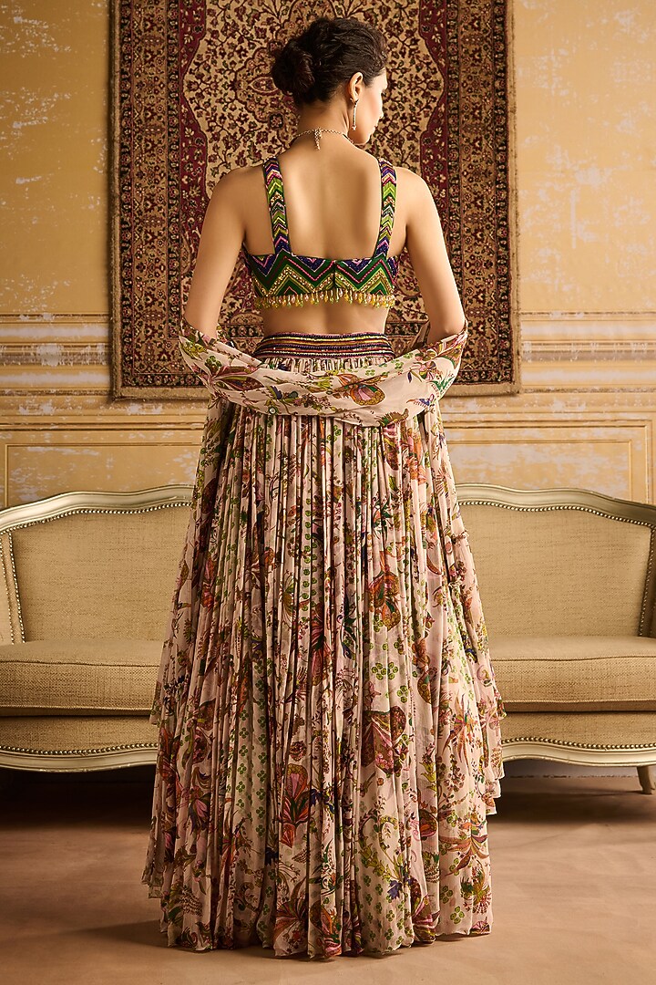 Green Crepe Floral Jaal Printed Wedding Lehenga Set by DiyaRajvvir at Pernia's Pop Up Shop
