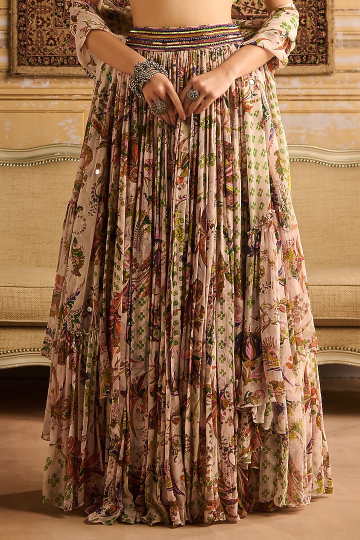 Green Crepe Floral Jaal Printed Wedding Lehenga Set by DiyaRajvvir at Pernia's Pop Up Shop