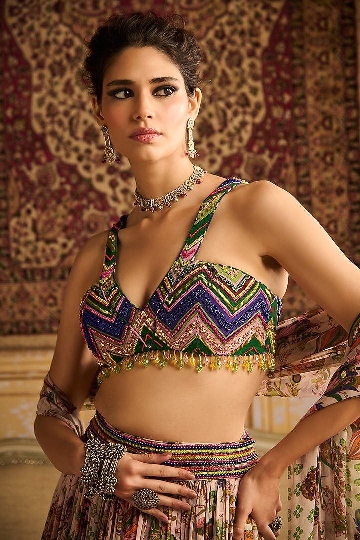 Green Crepe Floral Jaal Printed Wedding Lehenga Set by DiyaRajvvir at Pernia's Pop Up Shop