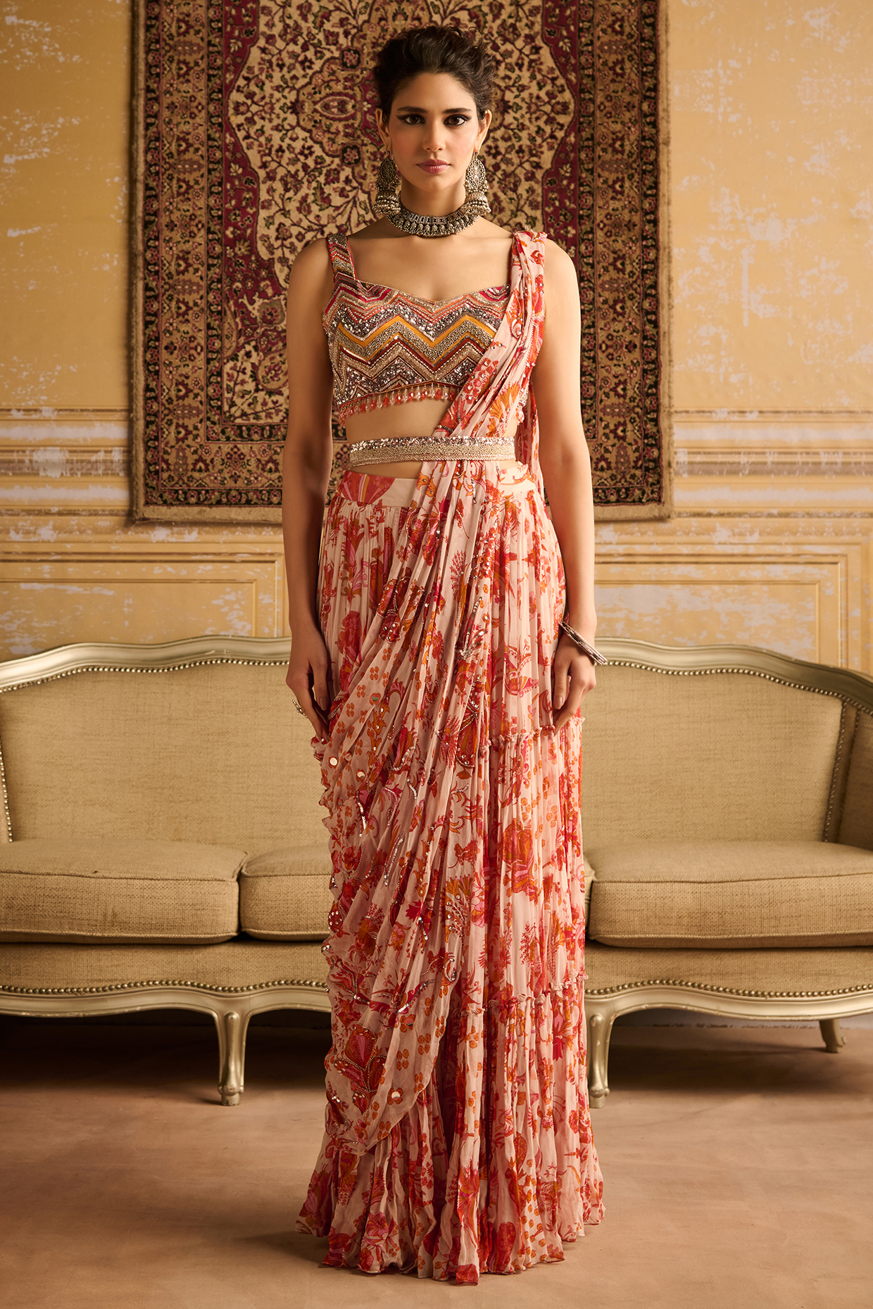 Orange Georgette Floral Jaal Printed Tiered Skirt Wedding Saree Set by DiyaRajvvir at Pernia's Pop Up Shop