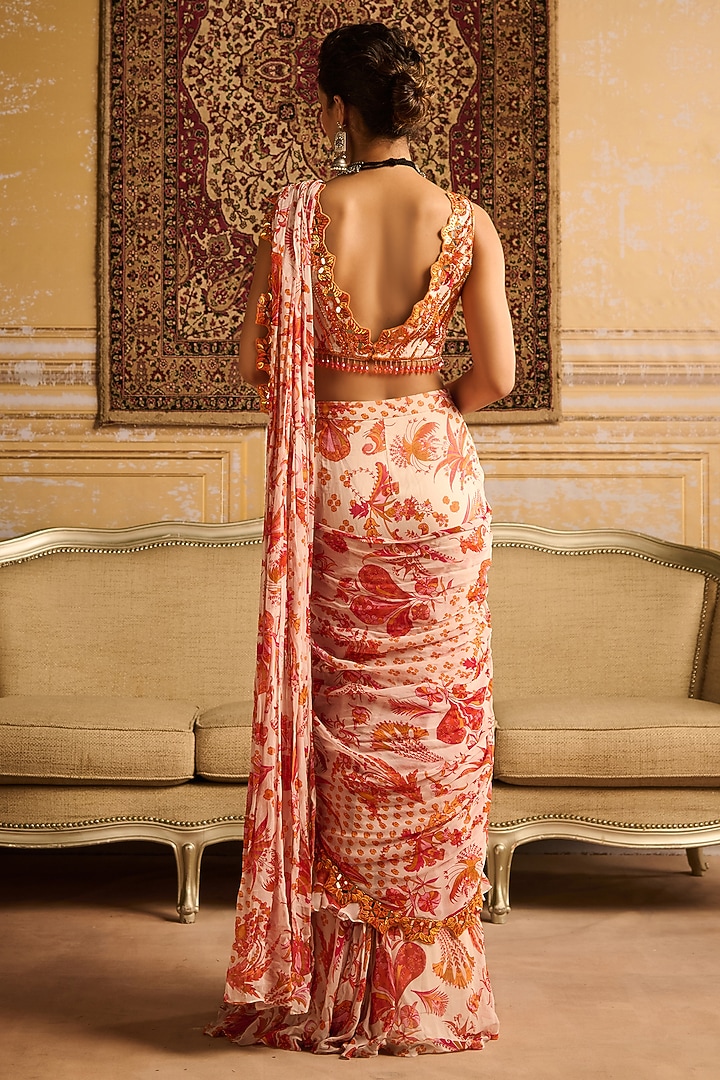 Orange Georgette Floral Jaal Printed Tiered Skirt Wedding Saree Set by DiyaRajvvir at Pernia's Pop Up Shop