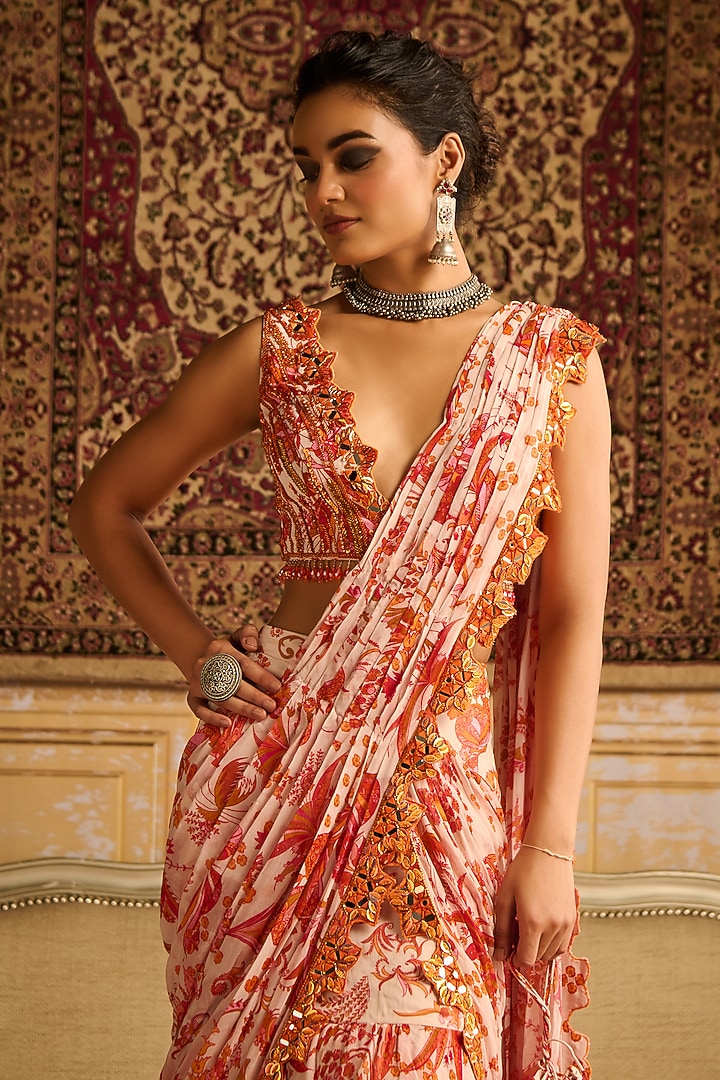 Orange Georgette Floral Jaal Printed Tiered Skirt Wedding Saree Set by DiyaRajvvir at Pernia's Pop Up Shop