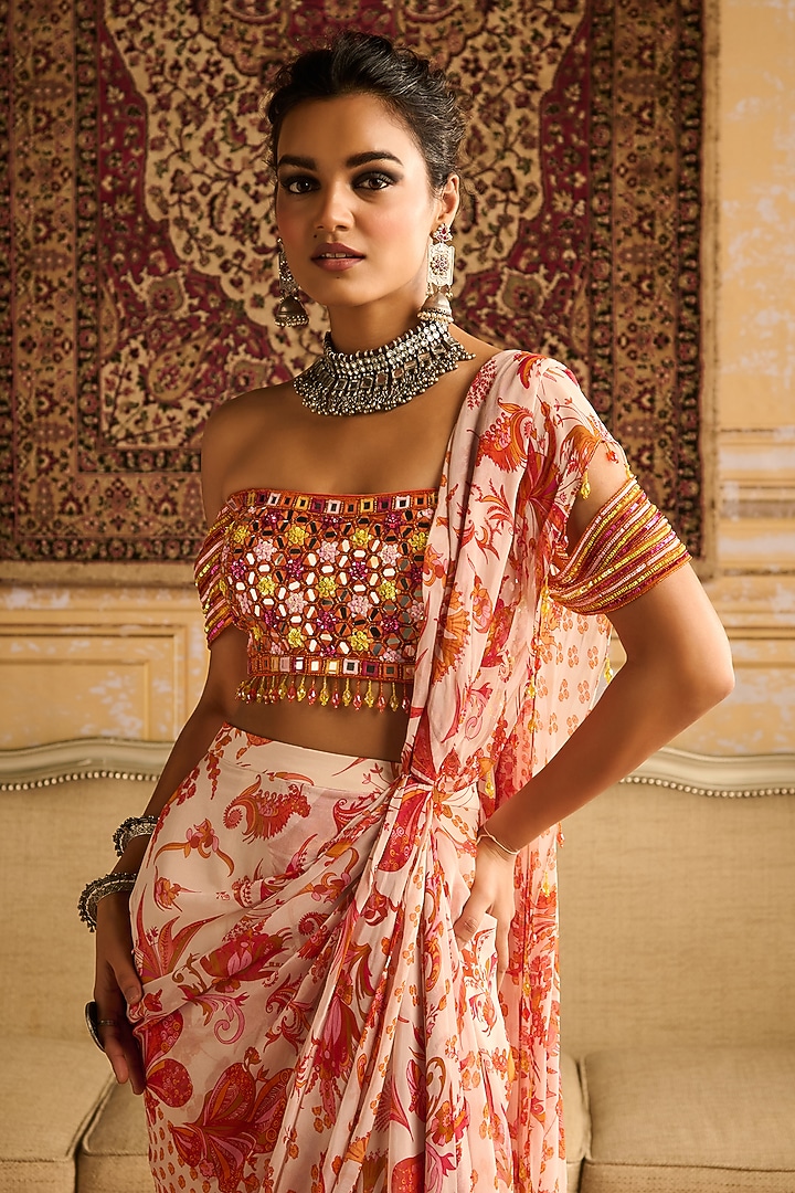 Orange Georgette Floral Jaal Printed Draped Skirt Wedding Saree Set by DiyaRajvvir at Pernia's Pop Up Shop