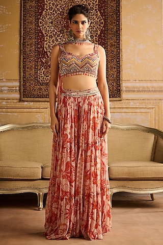 Orange Georgette Floral Jaal Printed Gharara Set by DiyaRajvvir