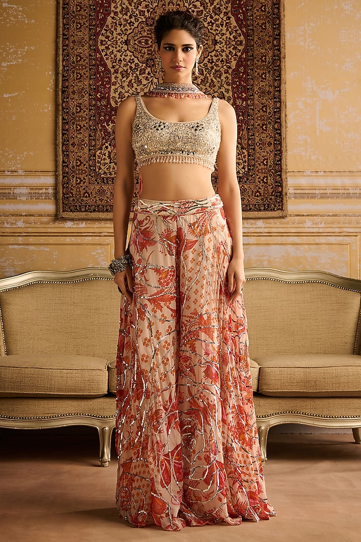 Orange Georgette Floral Jaal Printed Sharara Set by DiyaRajvvir at Pernia's Pop Up Shop