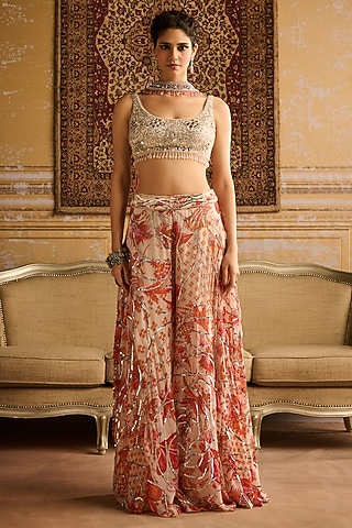 Orange Georgette Floral Jaal Printed Sharara Set by DiyaRajvvir